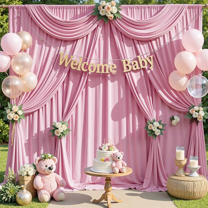 40x10ft Baby Pink Backdrop Curtains for Parties, 8 Panels 5x10ft Wrinkle-Free Polyester Background Curtains for Wedding, Birthday, Baby Shower,Graduation, Decorations - Image 2