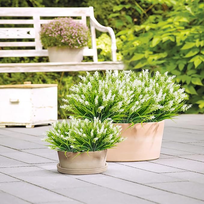 obbsie 12 Bundles Artificial Plants Outdoor, 18.2" UV Resistant Faux Monkey Grass Greenery Stems No Fade Faux Plastic Flowers Shrubs for Home Weddings Garden Porch Front Patio Office Decor- White - Image 6