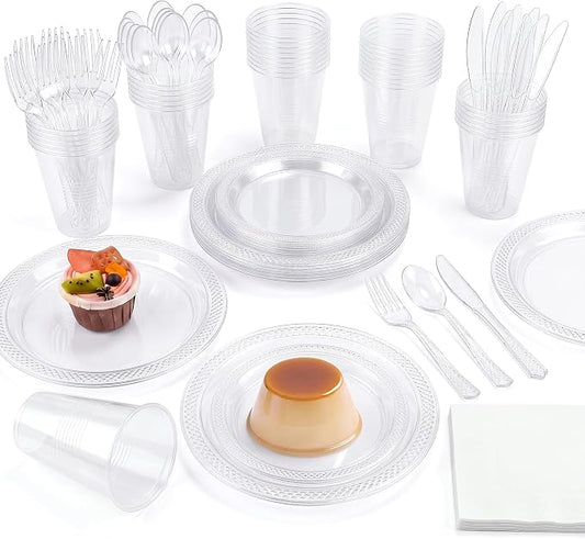 Aodaer 200 Pieces Clear Party Supplies Disposable Dinnerware Set Include Plastic Plates Cups Knives Forks Spoons Paper Napkins for Birthday Wedding Graduation Parties, Serve 25 Guests by Aodaer