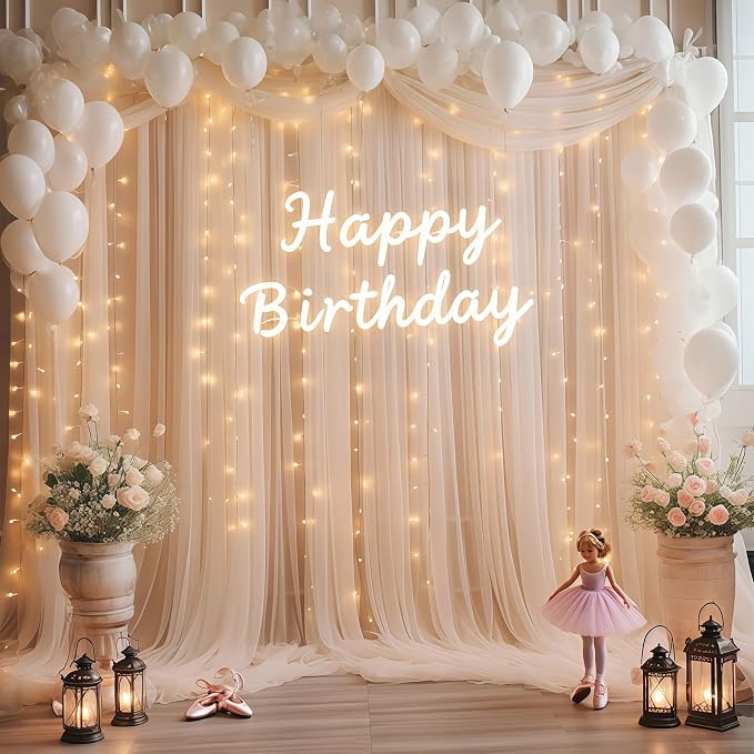 10×10ft Champagne Tulle Backdrop Curtain with Lights String for Parites, Sheer Photo Curtain Backdrop Drapes for Wedding Party Photography Backgrounds - Image 2