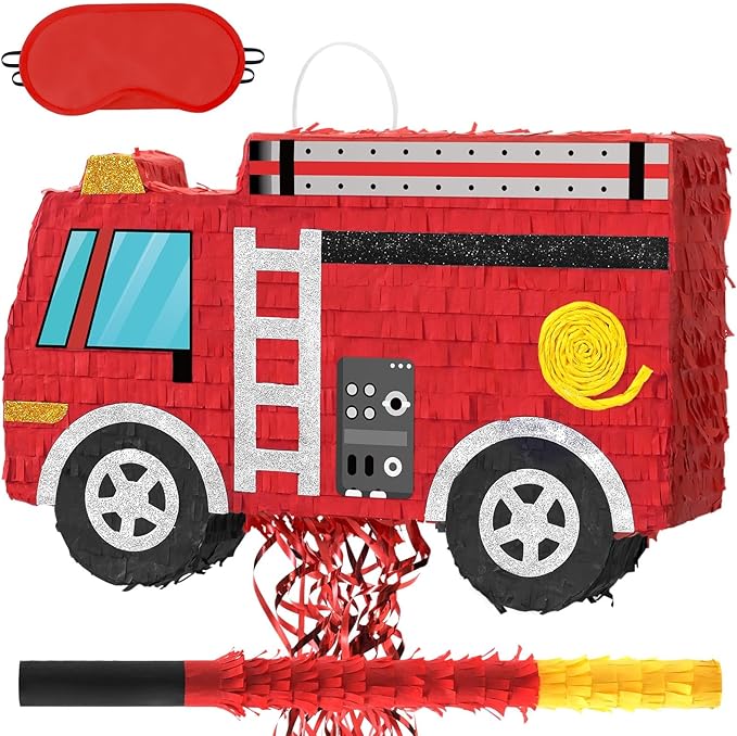 WERNNSAI Fire Truck Pinata - Firetruck Birthday Decorations Pinata for Boys Kids Firefighter Truck Theme Birthday Party Game Decorations Bundle with Blindfold and Bat
