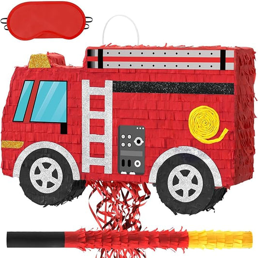 WERNNSAI Fire Truck Pinata - Firetruck Birthday Decorations Pinata for Boys Kids Firefighter Truck Theme Birthday Party Game Decorations Bundle with Blindfold and Bat