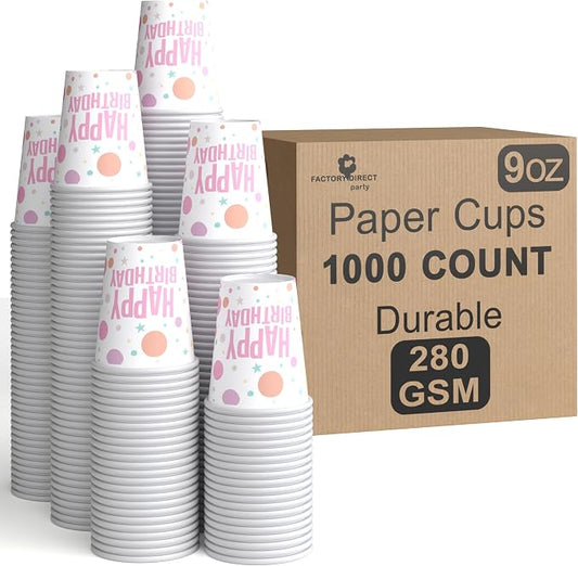 Party Solids Pink Birthday Paper Cups 9 oz - 1000 Disposable Cups for Hot & Cold Drinks - Durable 280 GSM Coffee Tea Tumblers for Parties Events & To Go by PartySolids