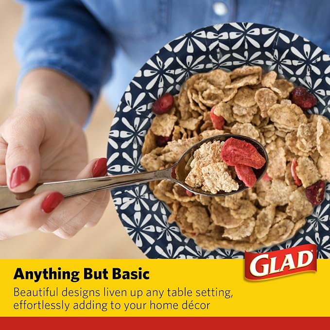 Glad Round Disposable Paper Bowls, Blue Mosaic Design - Heavy Duty, Soak-Proof, Cut-Resistant, Microwavable Paper Bowls for All Foods, Daily Use, and Special Occasions, 16 oz, 50 Count - 6 Pack - Image 4