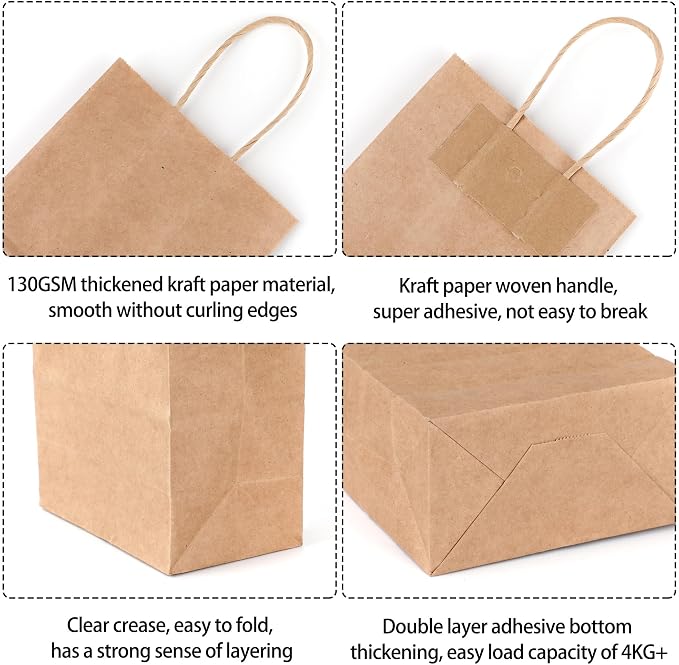 STOBOCTER 100Pcs Paper Gift Bags, 5.9"x3.15"x8.25" Gift Wrap Bags with Handles, Brown Kraft Paper Bags for Small Business, Paper Bags Bulk for Birthday Party Favors, Shopping, Grocery, Retail, Craft - Image 5
