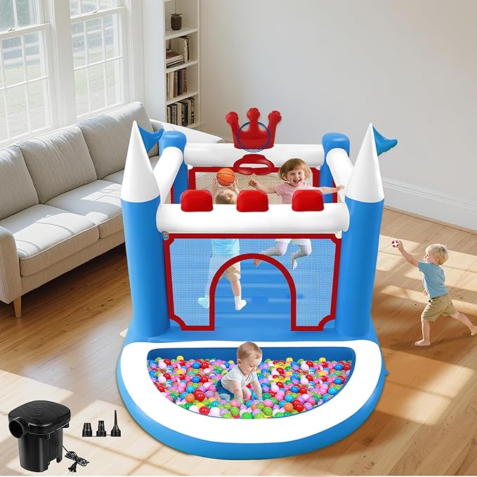 Kids Bounce House with Ball Pit, Basketball Hoop, Target Game and Ring Toss Game PVC Jumping Castle with Electric Air Pump 98”x 70”x 65” Trampoline for Ages 3-8 Indoor or Outdoor Play