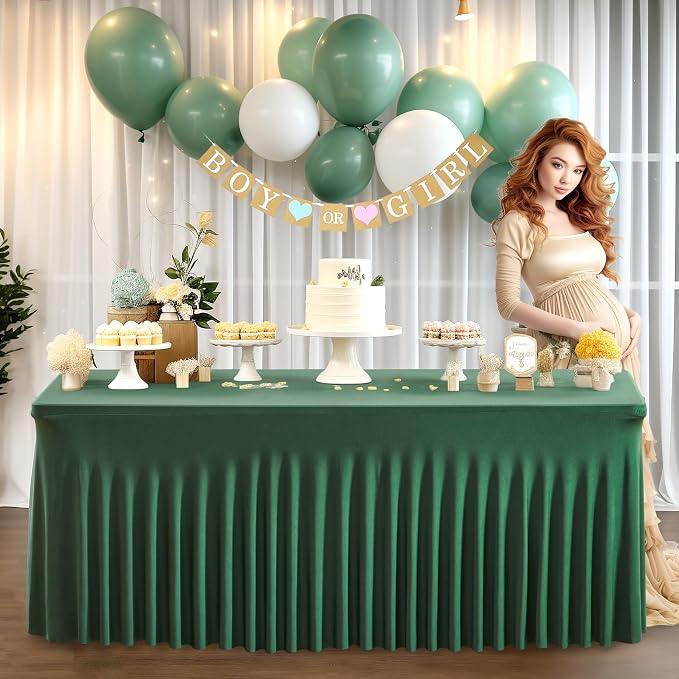 1 Pack Green Table Clothes for 6 Foot Rectangle Tables, Wrinkle Resistant Stretch Spandex Table Covers Fitted Tablecloth with Skirt for Easter Event Banquet Wedding Birthday Party - Image 6