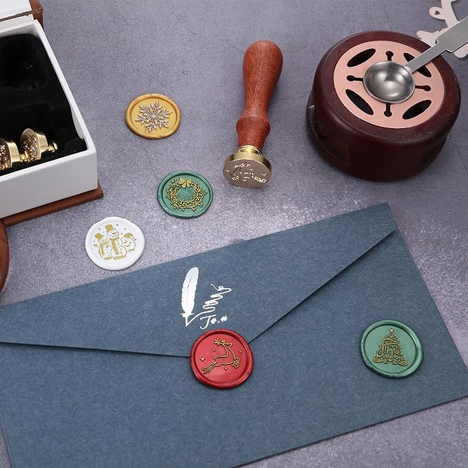 Yoption Christmas Wax Seal Stamp Gift Box Kit, 6pcs Sealing Wax Stamp Heads with 1 Wooden Hilt Set for Party Invitation Card Gift Decoration (Merry Christmas Series)