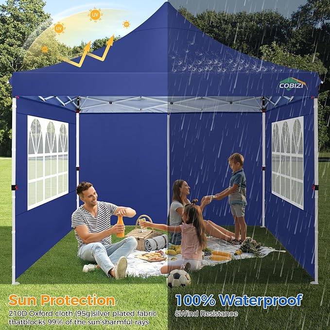 COBIZI 10x10 Pop Up Canopy with 4 Sidewalls, Canopy Tent 10x10 for Parties, Backyard, Commercial, Waterproof and Portable Instant Shelter UV50+ Outdoor Gazebo with 4 Sandbags(Deep Blue)
