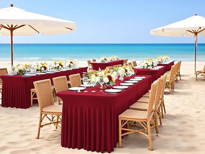 6 Packs Burgundy Spandex Table Clothes for 8 Ft Tables - Image 7