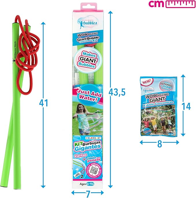 WOWmazing Giant Bubble Wands Kit: (4-Piece Set) | Incl. Wand, Big Bubble Concentrate and Tips & Trick Booklet | Outdoor Toy for Kids, Boys, Girls | Bubbles Made in The USA