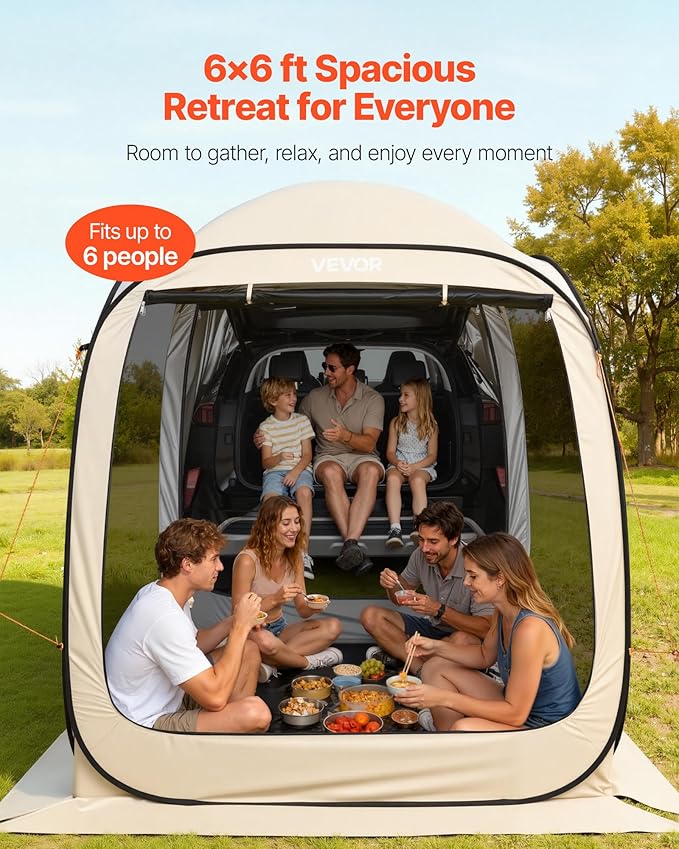 SUV Tailgate Tent VEVOR, 6 x 6 ft Pop-Up Screen House Canopy for 4–6 Person, Portable Screened Shelter with Carry Bag, for Car Camping, Backyard, Patio, Outdoor Activities