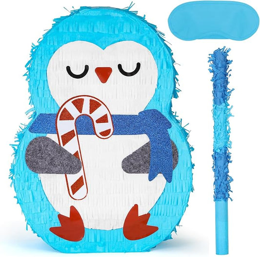 Cute Penguin Pinatas Bundle with a Blindfold and Bat (Small Size 16.5x12x4 Inches), Perfect for Winter boys and girls Birthday Party Supplies, Christmas Party Decoration Games for Kids Party