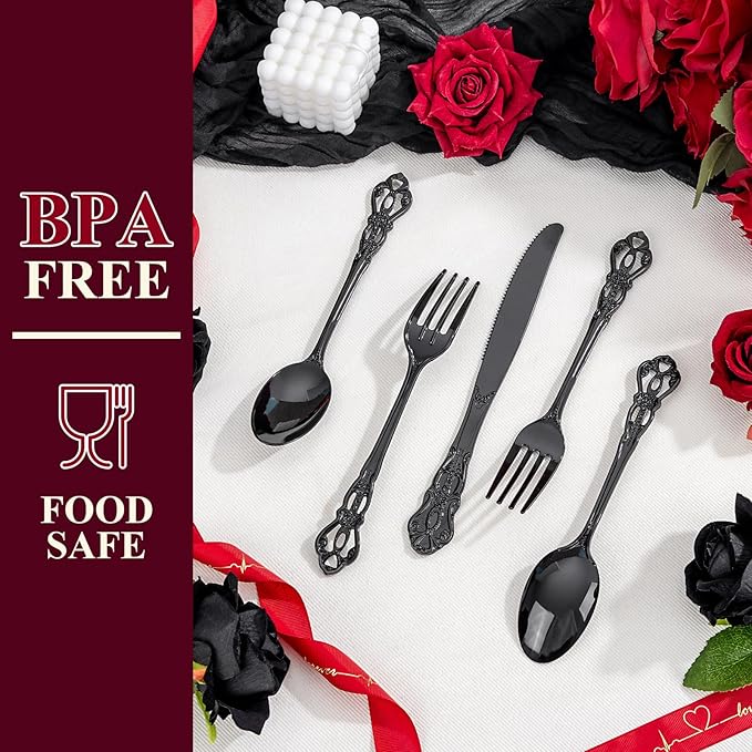 150PCS Black Plastic Silverware - Heavy Duty Disposable Cutlery Sets - Fancy Plastic Utensils Flatware Include 50 Forks, 50 Spoons, 50 Knives for Catering, Dinners, Weddings, Party