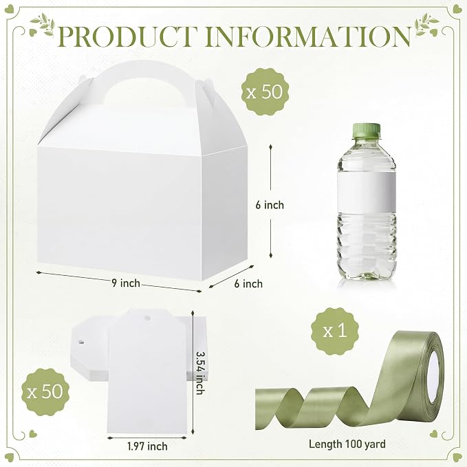 Maitys 50 Set Large Gable Boxes with Handle, Ribbon, Tag, White,Sage Green | Party Favor Gift Boxes, Wedding Welcome Treats, Dessert Table Display, Elegant Satin Ribbon Bow, Personalized Name Tag - Image 2
