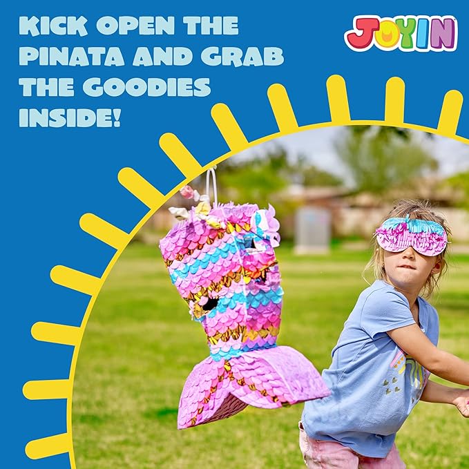 Mermaid Tail Pinata with Plastic Bat and Paper Blindfold for Fun Fiesta Taco Party Supplies, Photo Props, Mexican Theme Decoration, Carnivals Festivals, Girl Kids Birthday Parties 13W x 15.7H