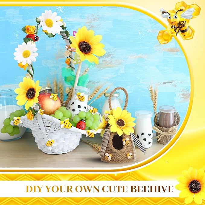 166 Pcs Artificial Sunflower Heads Tiny Bees Craft Decoration Fake Faux Silk Daisy Decoration Fabric Daisy Flower Head with Jute Rope for Party Wedding DIY Decor(Yellow and White,Single Size) - Image 6