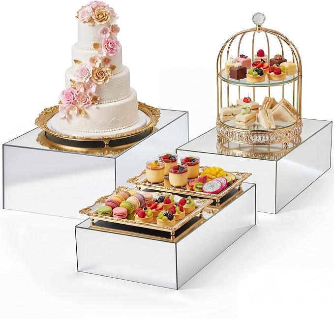 3 Pack Extra Large Acrylic Buffet Risers - 14” 13” 12” Silver Cube Display Stands with Hollow Bottoms, Table Display Boxes Set for Food Dessert Cake Drink Catering Party Supplies by Unknown