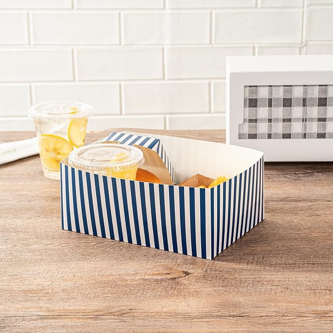 Restaurantware Bio Tek 8.4 x 6.1 x 3.5 Inch Burger Trays 100 Disposable Paper Food Trays - Sustainable Sturdy Blue And White Paper Movie Snack Trays For Meals Snacks And Baked Goods - Image 4