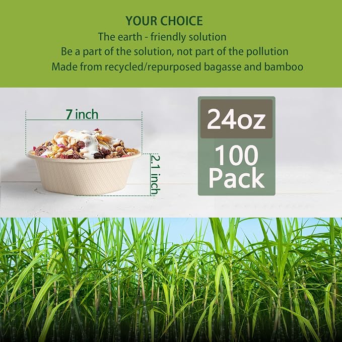 24 Oz Disposable Bowls, [100 Pack] Paper Bowls Disposable - Heavy Duty and Eco-friendly Sugarcane and Bamboo Bagasse Biodegradable Bowls for Cereal, Rice, French Fries - Convenient and Compostable - Image 2