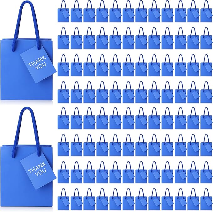 Sherr 100 Pcs Blue Mini Paper Gift Bags with Handles, White Tags | 4x2.75x4.5 in White Paper Bags, Thank You Tags, Party Favors, Wedding, Small Business Packaging, Easter Spring Gifts by Sherr