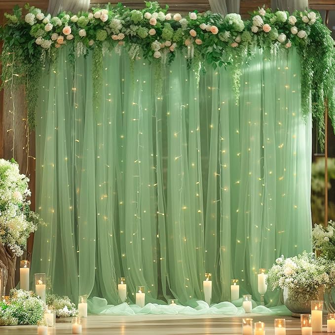 10ft x 8ft Green Backdrop Curtain with Lights String for Parties, Sheer Tulle Wedding Photo Backdrops Drapes for Baby Shower Birthday Party Decorations Background for Photography by Shillance