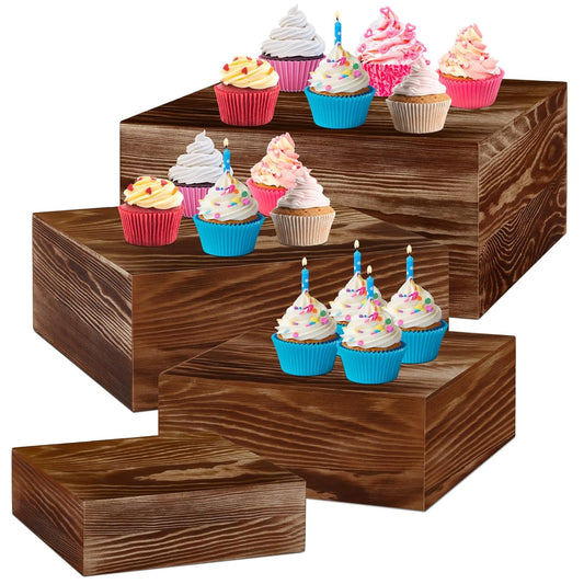 Roowest Set of 4 Wood Display Risers Rustic Cupcake Stand Rustic Wood Cake Stands Wooden Stackable Display Box for Dessert Wedding Birthday Christmas Village Party Decoration(Black Brown)