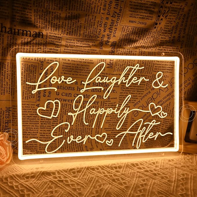 SYLHOME Led Neon Light Sign Love Laughter Happily Ever After Wedding Backdrop Home Bedroom Living Room Wall Sign Decor Birthday Christmas Party 15.75" X 9.84" USB