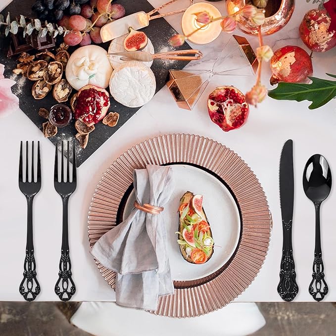 150PCS Black Plastic Silverware - Heavy Duty Disposable Cutlery Sets - Fancy Plastic Utensils Flatware Include 50 Forks, 50 Spoons, 50 Knives for Catering, Dinners, Weddings, Party