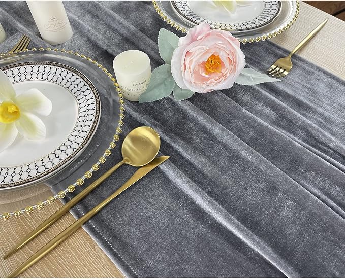 Luxurious Velvet Table Runner, 10ft Wedding Reception Decorations, 20x120inch Soft Velvet Fabric, Table Linen Overlay, Wedding Table Runners (Gray, 20X120inch) - Image 3