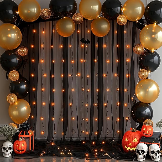 10ft x 8ft Black Backdrop Curtain with Lights String for Parties, Sheer Tulle Wedding Photo Backdrops Drapes for Baby Shower Birthday Party Decorations Background for Photography - Image 5