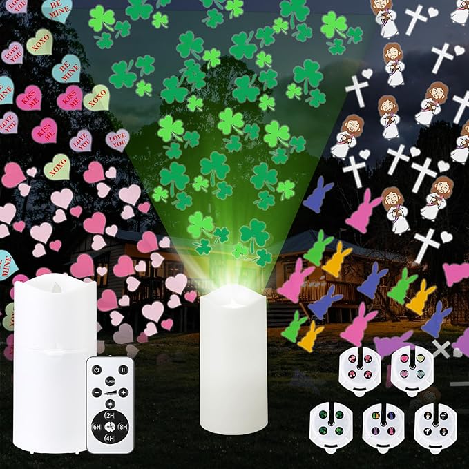 Retisee St. Patrick's Day Flameless Candles Projector Light with Remote and Timer Green Shamrock Battery Operated LED Candles Easter Bunny Night Light 5 Film Slides for Holiday Table Decor