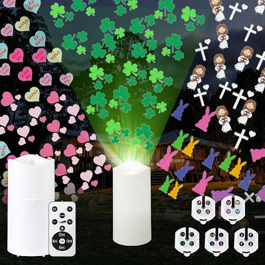 Retisee St. Patrick's Day Flameless Candles Projector Light with Remote and Timer Green Shamrock Battery Operated LED Candles Easter Bunny Night Light 5 Film Slides for Holiday Table Decor