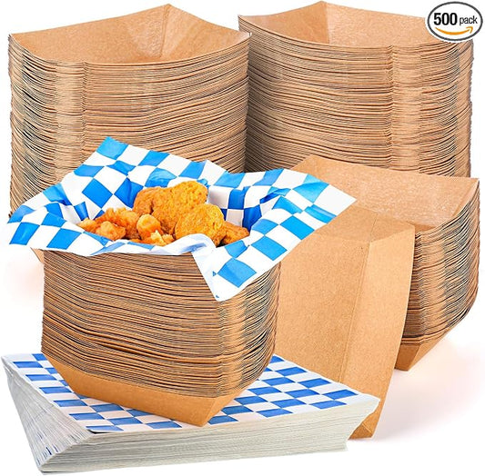 Potchen 1000 Pcs Disposable Paper Food Tray and Grease Proof Deli Liner, 2 lb Coated Paperboard Food Boats Wax Paper Holds Nacho Taco Hot Dog for Picnics Carnivals Birthday(Blue and White,Checkered) by Potchen