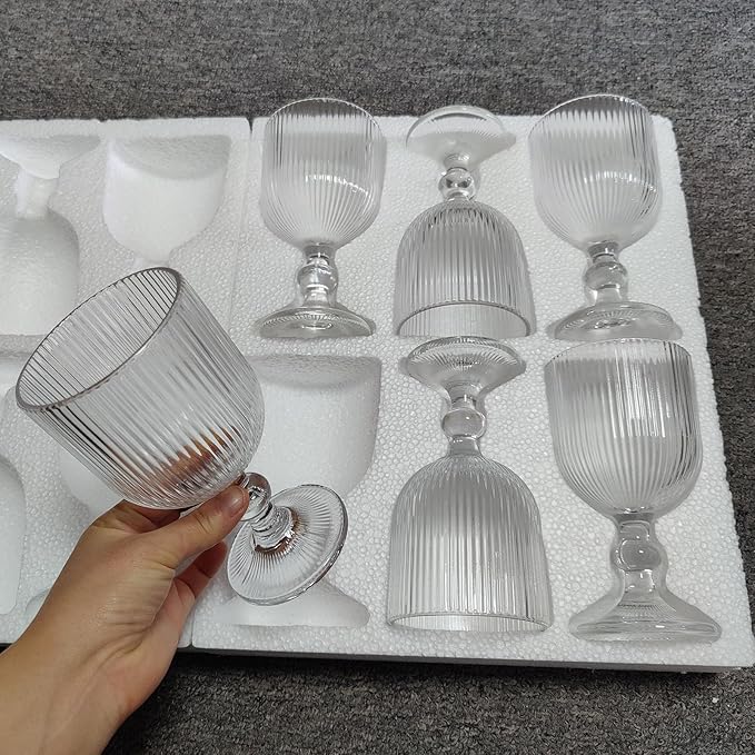 Vintage Glassware Water Goblets Drinking Clear Wine Glasses set of 6 Embossed Drinkware Stemware 13 oz for Wedding Party Bar Christmas