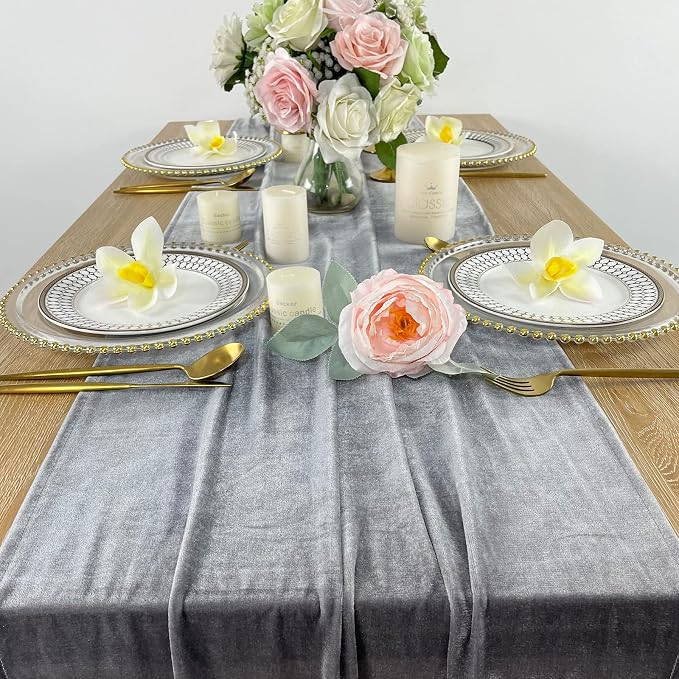Luxurious Velvet Table Runner, 10ft Wedding Reception Decorations, 20x120inch Soft Velvet Fabric, Table Linen Overlay, Wedding Table Runners (Gray, 20X120inch) - Image 2