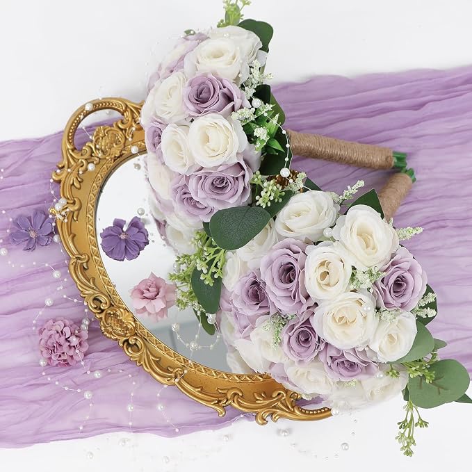 Set of 2 Bridesmaid Bouquets for Wedding - 7 Inch Artificial Ivory Flower Bouquet for Party Ceremony Anniversary Dinning Table Centerpieces Decor - Lilac and White - Image 5