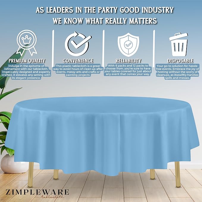ZIMPLEWARE Sky Blue Standard Disposable Plastic Party Tablecloth [Case of 72] 84 x 84” Round Table Cover for Indoor & Outdoor Use - Image 4