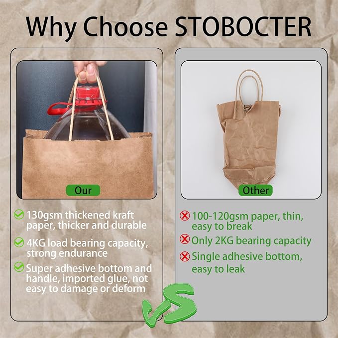 STOBOCTER 100Pcs Paper Gift Bags, 5.9"x3.15"x8.25" Gift Wrap Bags with Handles, Brown Kraft Paper Bags for Small Business, Paper Bags Bulk for Birthday Party Favors, Shopping, Grocery, Retail, Craft - Image 4