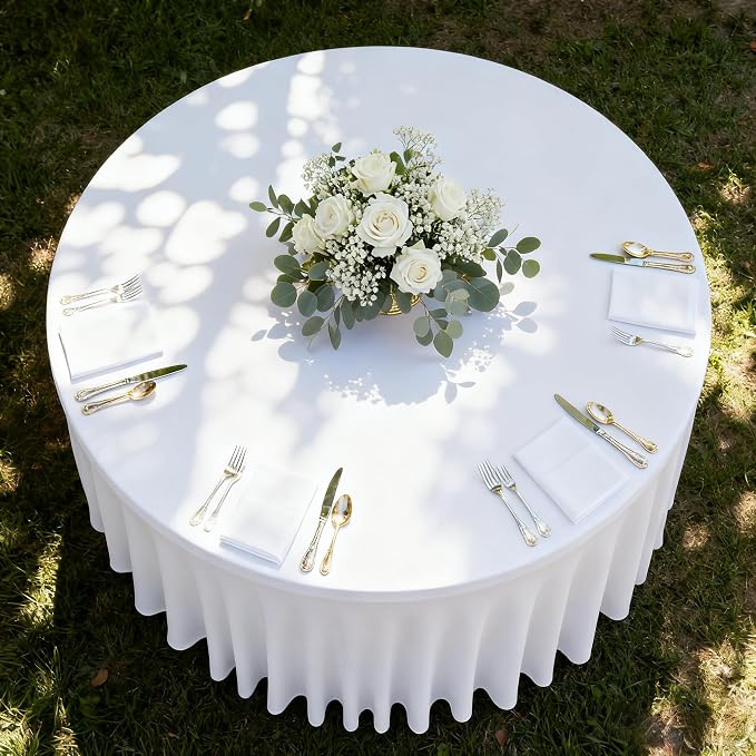 Fitted White Spandex Table Skirts for Wedding Party,60 Inch Round,4 Pack | Spandex Table Covers, For 5 Ft Wedding Cake Tables, Wrinkle Resistant, Ruffle Design Banquets, Baby Showers, Parties - Image 4