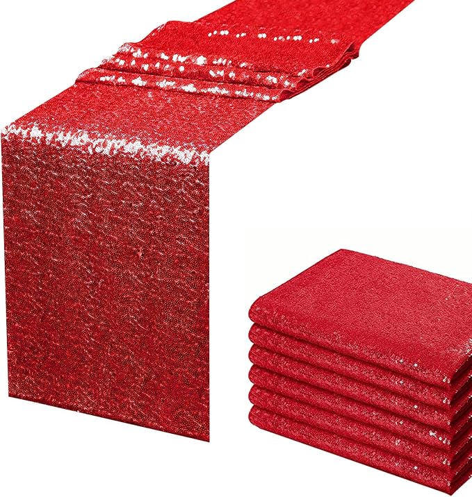 Red Sequin Table Runner 6 Pack 12''x72 Glitter Table Runner by WISPET