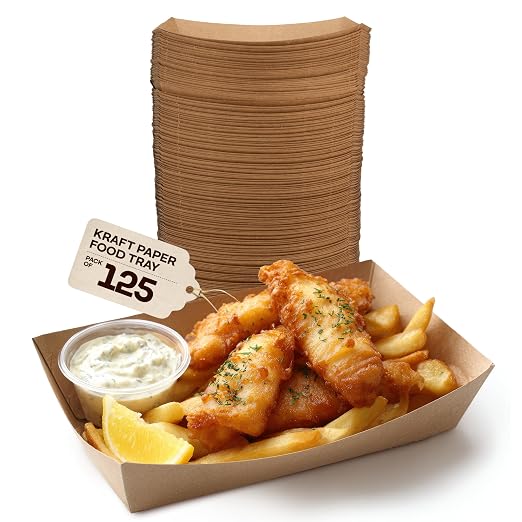 IDL Packaging 6.5" x 4.5" x 1.5" Kraft Paper Food Trays (Pack of 125) - USA-Made, Food-Safe Poly-Coated for Extra Moisture Resistance - Recyclable Trays for Fries, Burgers, Appetizers & Side Dishes by IDLPackaging