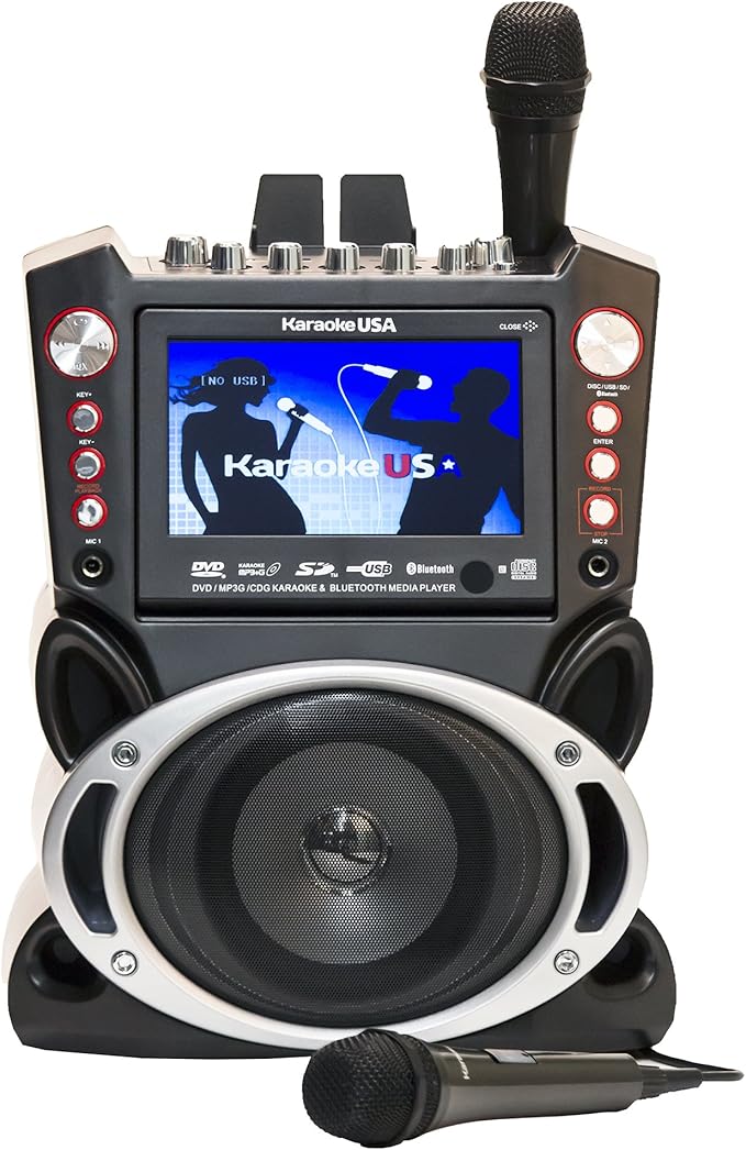 Karaoke USA GF845 Complete Karaoke System with 2 Microphones, Remote Control, 7” Color Display, LED Lights - Works with DVD, Bluetooth, CD, MP3 and All Devices
