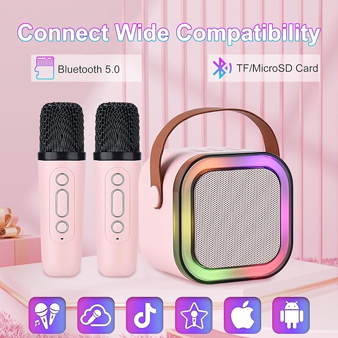 Karaoke Machine for Kids Adults, Mini Portable Bluetooth Karaoke Speaker with 2 Wireless Microphone and Lights,Toys for All Smartphones,Birthday, Family,Home Party Pinkcolor