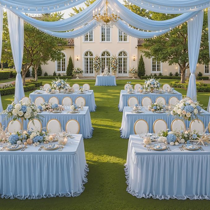 CO-AVE 2pack Dusty Blue Tulle Tablecloth for 6 Foot Rectangular Tables, 2-in-1 Elastic Stretch Spandex Cover with Tutu Ruffle Skirt, Wrinkle Free for Wedding, Birthday, Banquet, Buffet, Bridal Shower by CO-AVE