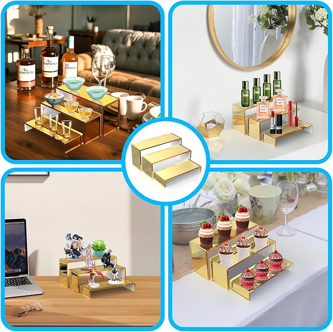 6 PCs Risers Display Stands 3 Tiers Desktop Acrylic Shelves Cake Dessert Holder Products Stand for Collectibles Shoes Jewels Pop Figure (Gold)