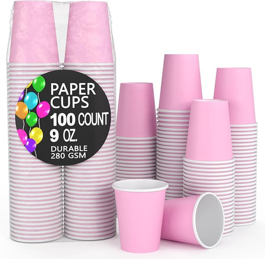 Party Solids Pink Birthday Paper Cups 9 oz - 100 Disposable Cups for Hot & Cold Drinks - Durable 280 GSM Coffee Tea Tumblers for Parties Events & To Go by PartySolids