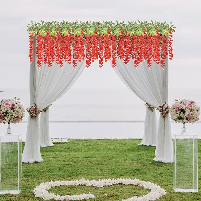 U'Artlines 24 Pack (Total 86.4 Feet) Artificial Fake Wisteria Vine Rattan Hanging Garland Silk Flowers String Home Party Wedding Decor (24, Red) - Image 8