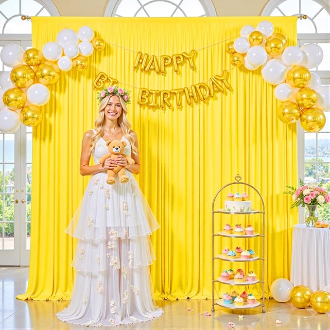 10ft x 10ft Yellow Backdrop Curtain for Parties Yellow Wrinkle Free Backdrop Drapes Panels for Birthday Party Baby Shower Wedding Photo Photography Polyester Fabric Background Decoration - Image 2