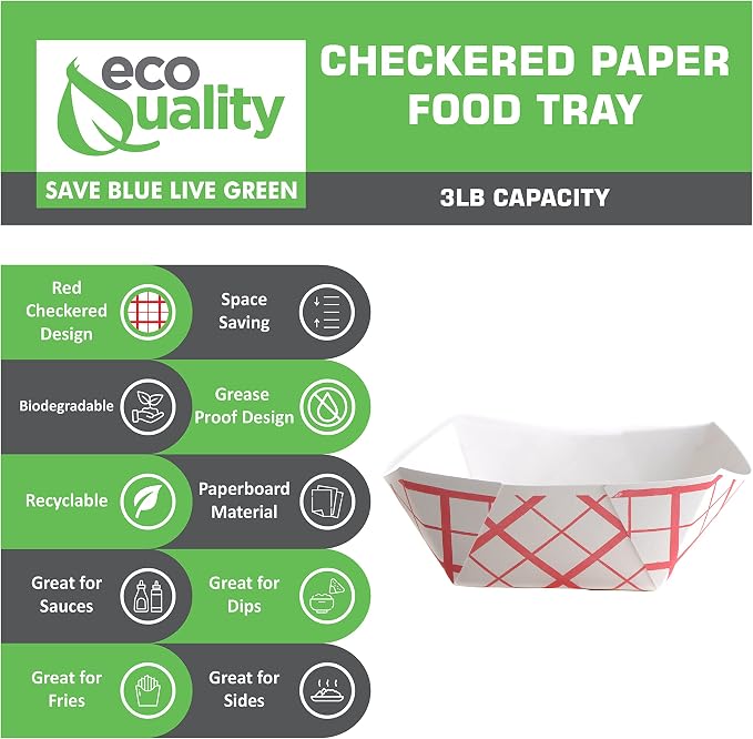 400ct Heavy Duty Disposable Paper Food Tray (3 LB) - Red Check Food Tray, USA MADE, Recyclable, Biodegradable, Compostable, Great for Picnics, Carnivals, Party, Camping, BBQ, Restaurants, Fries - Image 2